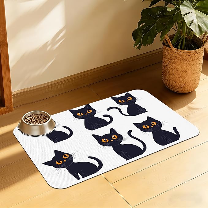 Cute Black Cats Pet Feeding Mat, Absorbent Dog and Cat Bowl Pad, Fast Dry by QSOQSO