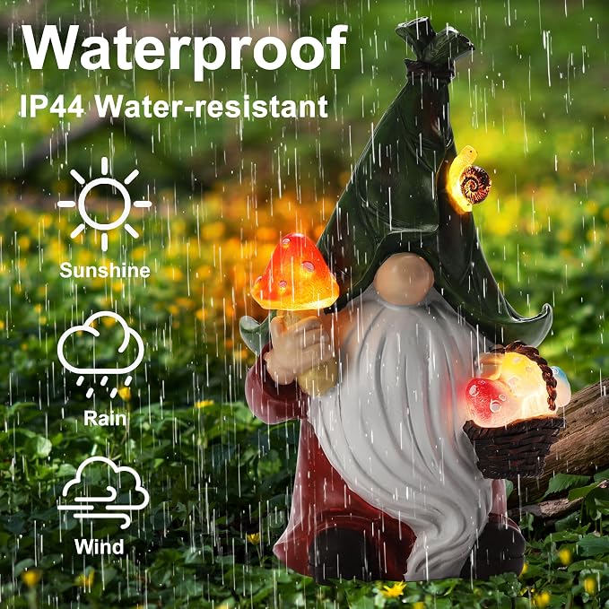 Gnome Solar Garden Statue with 3 LED Lights, Mushroom-Picking Gnome Statue - Image 6