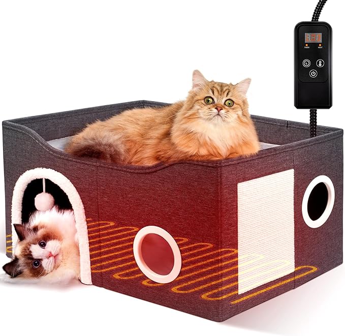 Indoor Heated Cat House, Adjustable Temperature Cat Heating Bed by Heeyoo