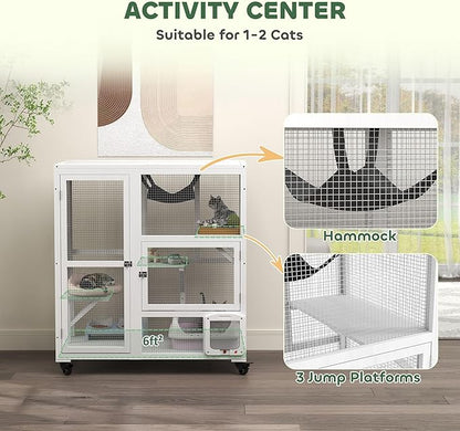 PawHut Indoor Wooden Catio, Cat House Cat Enclosure on Wheels - Image 3