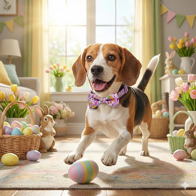 Easter Dog Collar with Bow Tie Set, Adjustable Purple Bunny and Carrot Pattern - Image 6