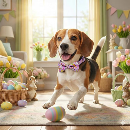 Easter Dog Collar with Bow Tie Set, Adjustable Purple Bunny and Carrot Pattern - Image 6