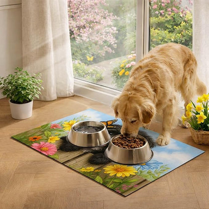 Spring Pet Feeding Mat 24" x 16"Puppy and Butterfly Floral Garden Design Non - Image 3