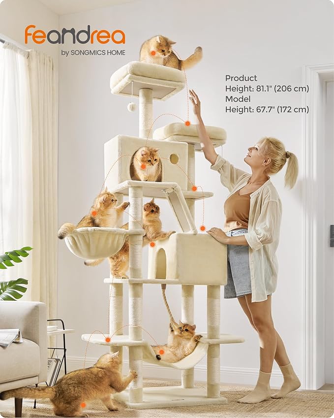 Feandrea Cat Tree, 81.1-Inch Large Cat Tower, 2 Perches, 2 Caves - Image 2