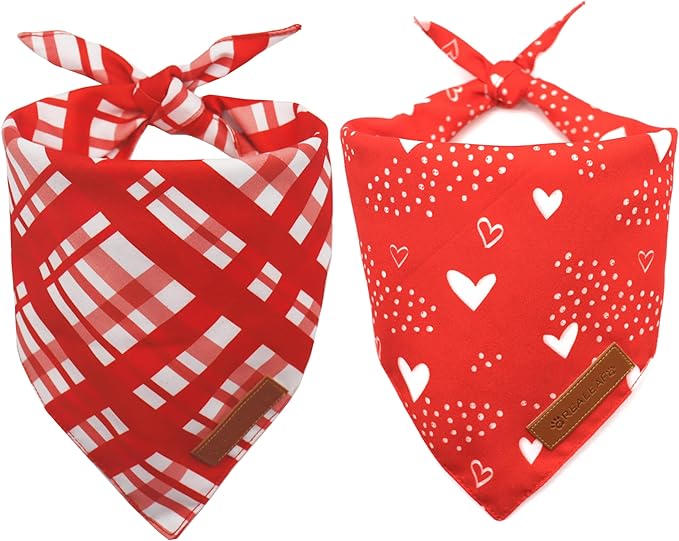 Realeaf Valentine's Day Dog Bandanas 2 Pack, Reversible Red Plaid Heart Dog by Realeaf
