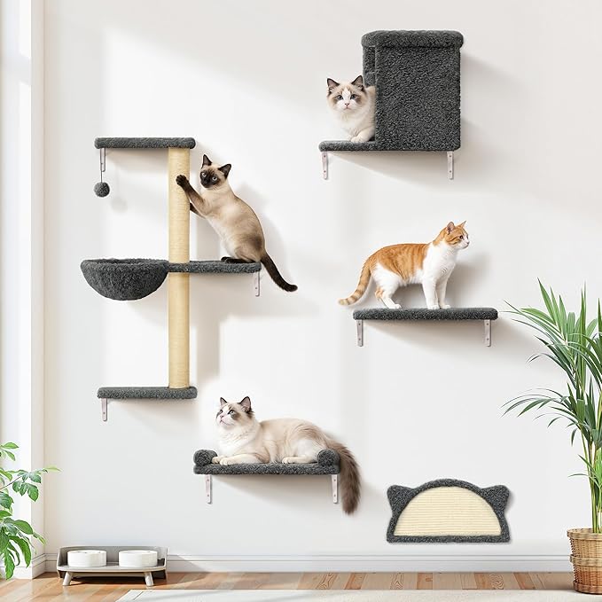 5-in-1 Cat Wall Shelves, Solid Wood & Velvet & Sisal Scratcher, 44lbs Max Load by PLEKER