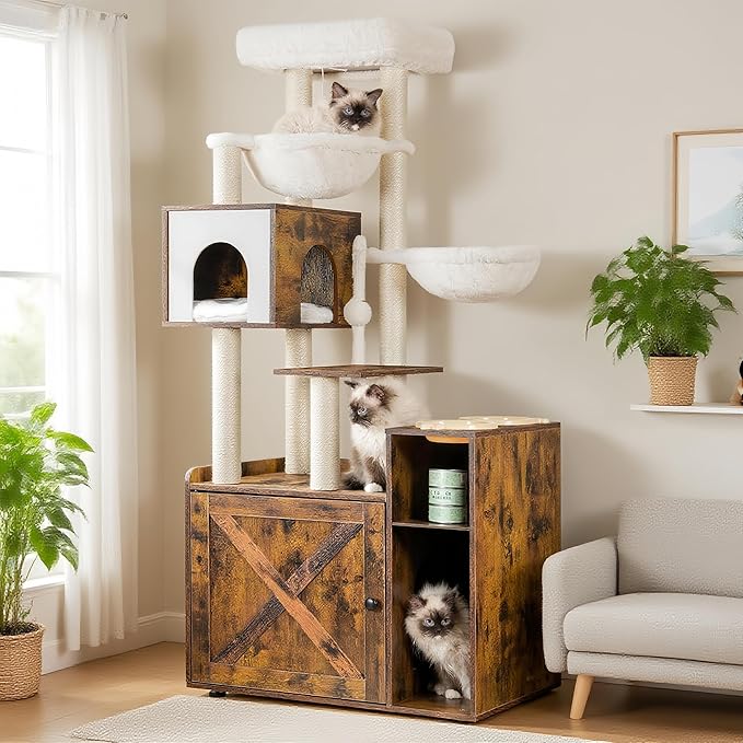 Hey-brother Cat Tree with Litter Box Enclosure, Modern Cat Tower by Hey-brother