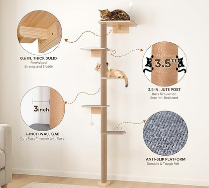Floor to Ceiling Cat Tree for Kittens, 5-Tier Wall Mounted Cat Wall Shelves - Image 3