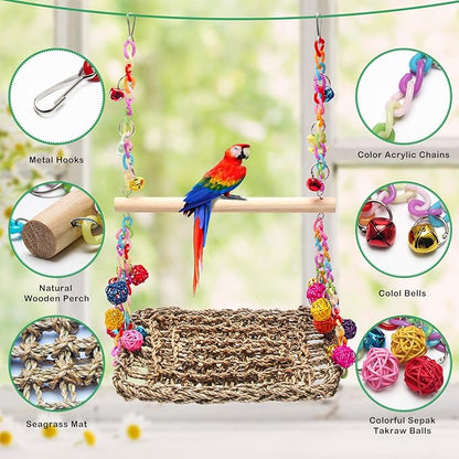 Bird Swing Mat with Wood Perch, AHIER Seagrass Bird Hammock - Image 3