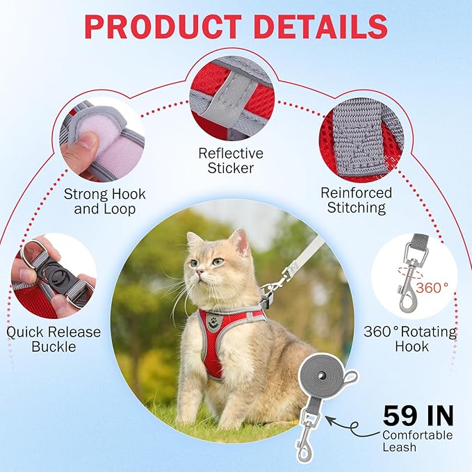 SCENEREAL Cat Harness and Leash Set Escape Proof, Adjustable Soft Air Mesh - Image 3