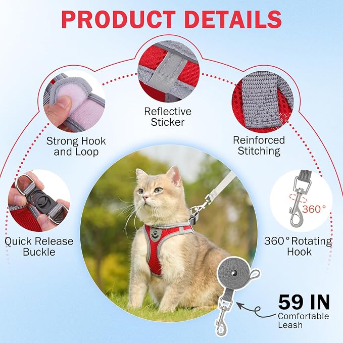 SCENEREAL Cat Harness and Leash Set Escape Proof, Adjustable Soft Air Mesh - Image 3