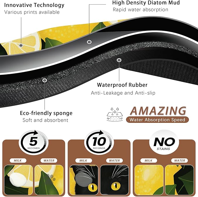 Black Cat Funny Dog Food Mat for Floors, Lemon Absorbent Pet Food and Water - Image 3