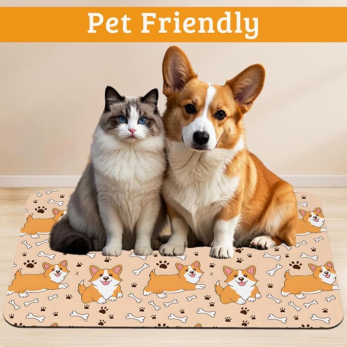 Corgi Feeding Mat, Cute Dogs Absorbent Quick-Dry Cat Dog Food and Water Bowl - Image 2