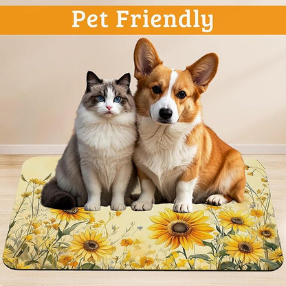 Yellow Floral Feeding Mat, Sunflower Absorbent Quick-Dry Cat Dog Food and Water - Image 2