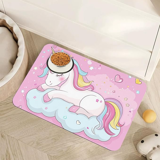 Cute Unicorn Dog Food Mat for Floors, Cloudy Pink Stars Absorbent Pet Food and by Unknown