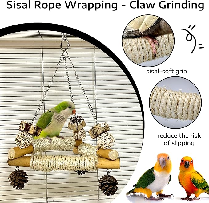 Large Bird Swing for Cage with Chew Toys, 3 Sisal-Wrapped Bird Perches & Stable - Image 5