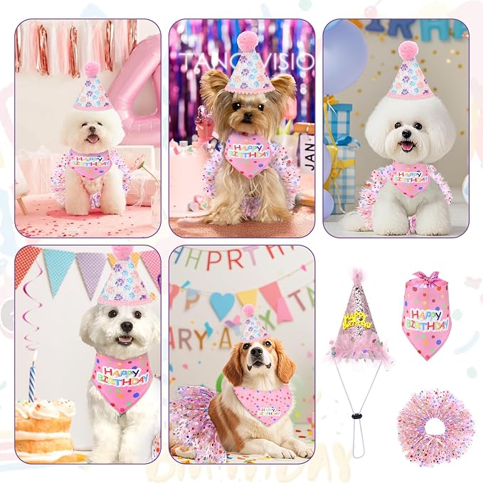 Dog Birthday Bandana with Hat and Dress Girl Set Puppy Birthday Party Supplies - Image 5