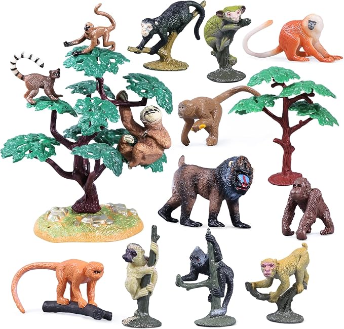 16Pcs Monkey Animal Figures Set, Ring-Tailed Lemur Gorilla and Trees by kukifun