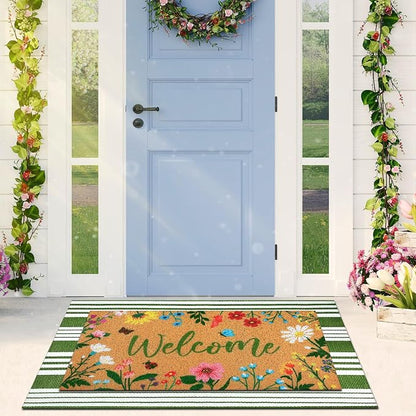 Tinideya 2 Pcs Spring Welcome Door Mat Floral Outdoor Layered Doormats - Image 5