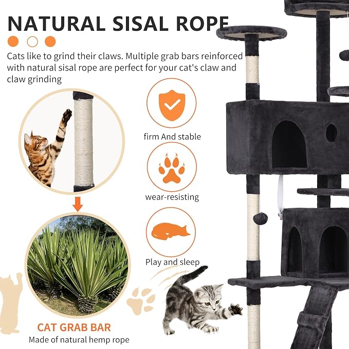70 Inch Dark Gray Cat Tree, Tall Cat Tower - Image 3