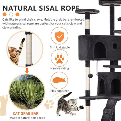 70 Inch Dark Gray Cat Tree, Tall Cat Tower - Image 3