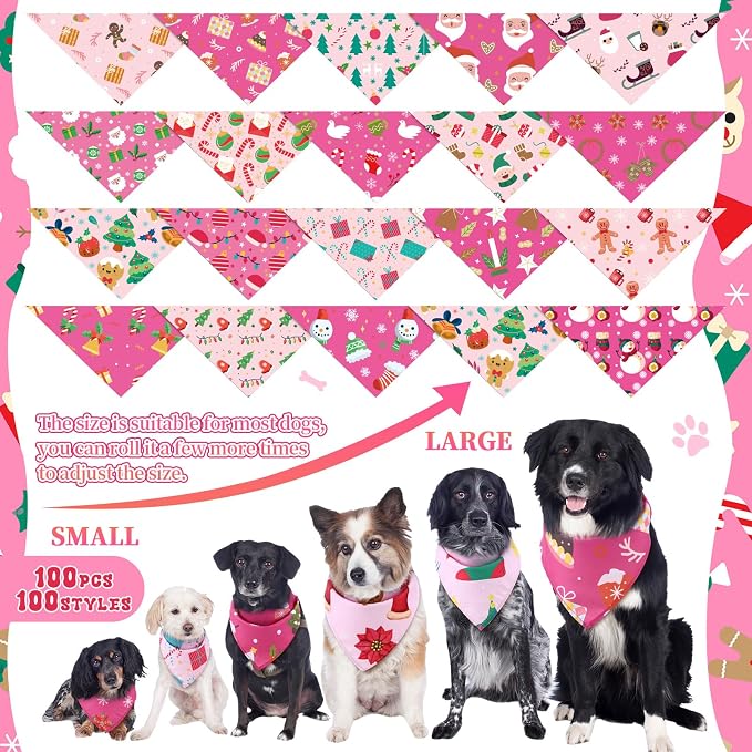 100 Pcs Christmas Dog Bandanas Bulk Pet Bibs Pink Triangle Scarf Pink Pet - Image 3