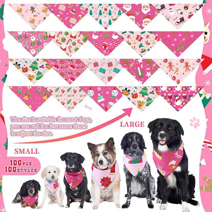 100 Pcs Christmas Dog Bandanas Bulk Pet Bibs Pink Triangle Scarf Pink Pet - Image 3