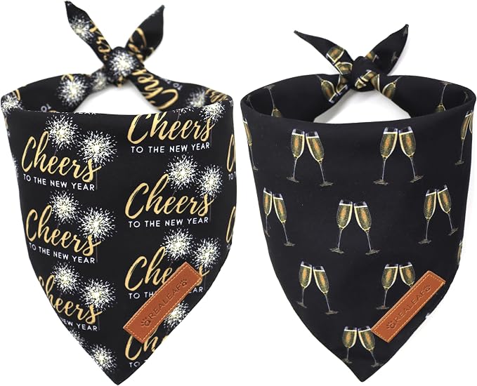 Realeaf New Year Dog Bandanas 2 Pack, Cheers to The New Year Dog Scarf by Realeaf