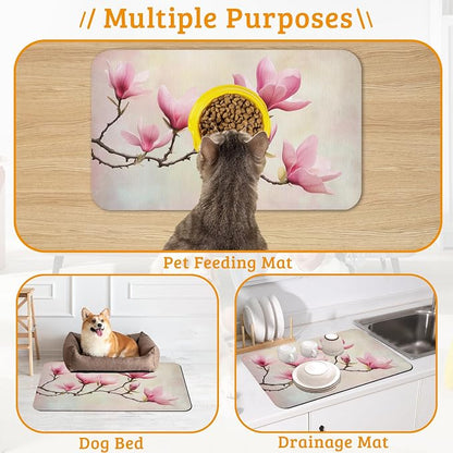 Pink Magnolia Feeding Mat, Vintage Flowers Absorbent Quick-Dry Cat Dog Food and - Image 7