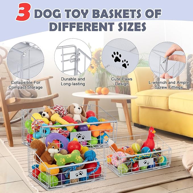 Mimorou 3 Pack Metal Dog Toy Baskets Multi-sized Foldable Dog Toy Bins Box - Image 3