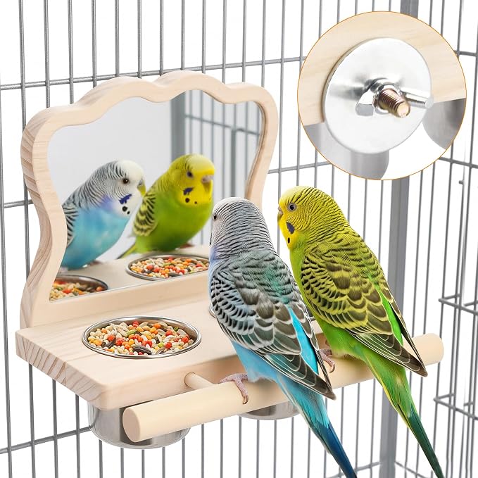 Bird Perch Platform Toy with Mirror, Standing Rack & Stainless Steel Bowl by SMICEM