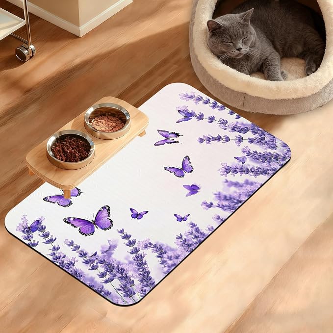Pet Feeding Mat, Lavender Butterfly Absorbent Dog Cat Food Mat Purple Dog Mat by Unknown