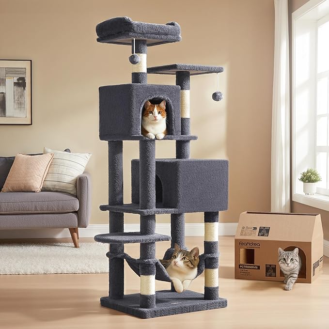 Feandrea Cat Tree, 59.5-Inch Tall Cat Tower, Plush Multi-Level Condo by FeandreabySONGMICSHOME