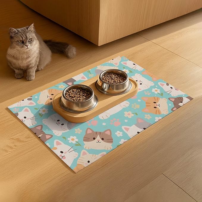 Cat Feeding Mat 24x16 inch Blue Kitten Print Pet Bowl Placemat Non Slip Floor - Image 9