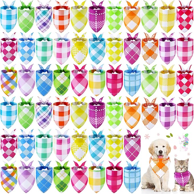 Sweetude 60 Pcs Easter Plaid Dog Bandanas Bulk Easter Pet Scarf Bibs Adjustable by Sweetude