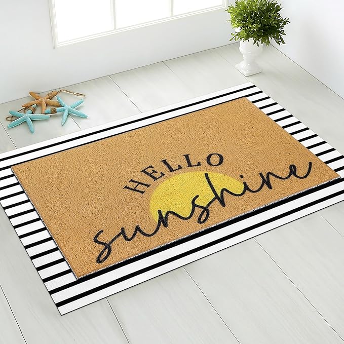 Tinideya 2 Pcs Summer Sunshine Door Mat Yellow Welcome Non Slip Coir Mats - Image 6
