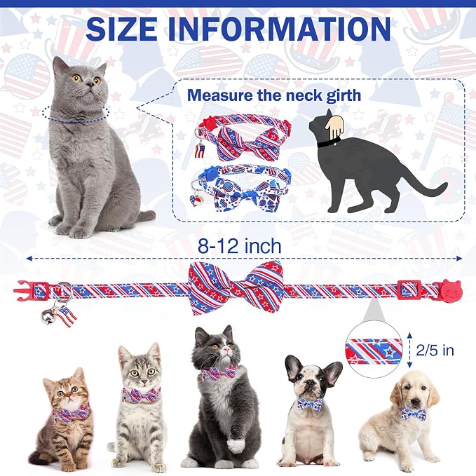 American Flag Cat Collar with Bell Bow Tie Star Breakaway - Image 3