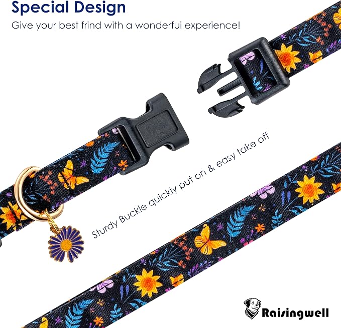 Cotton Dog Collar Purple Flower Pattern - Image 2