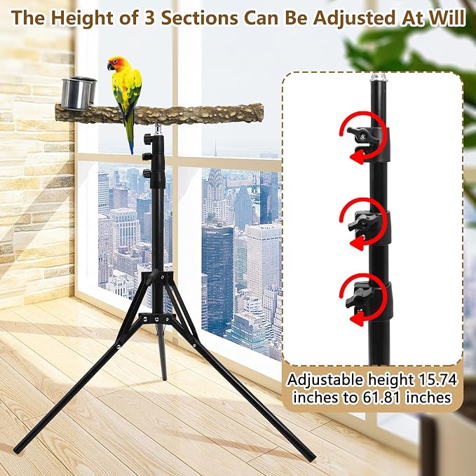 kathson 28-60inches Height Adjustable Bird Perch, Pepperwood Parrot Perch Stand - Image 4