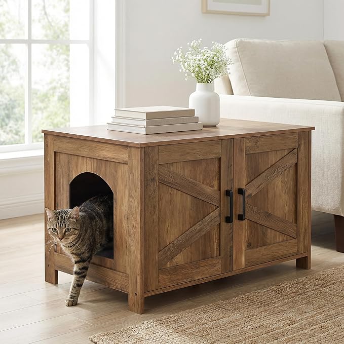 Homhedy Cat Litter Box Enclosure, Wooden Cat Washroom Furniture - Image 7