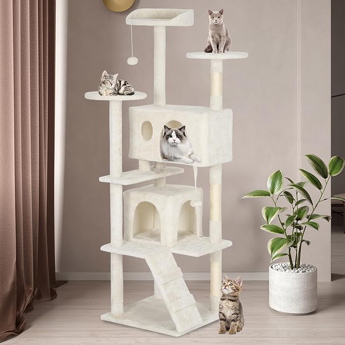 BestPet | 62" Cat Tree Tower | Beige | Sturdy, Hanging Cat Toys, Observation - Image 2
