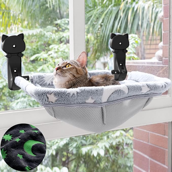 Cat Window Perch Cordless, Glow in The Dark & Stable Cat Beds- Breathable by JUNSPOW