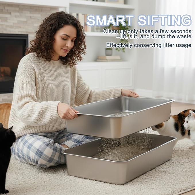 Teheao 2 Pack Stainless Steel Sifting Cat Litter Box - Image 2