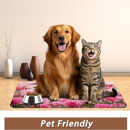Rose Pink Dog Cat Food Mat, Butterfly Absorbent Pet Feeding Mat - Image 6