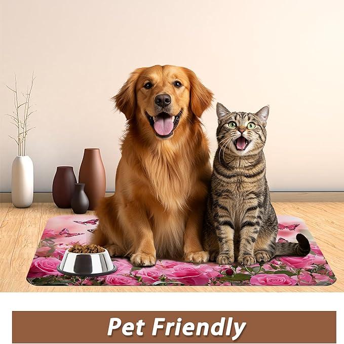 Rose Pink Dog Cat Food Mat, Butterfly Absorbent Pet Feeding Mat - Image 6