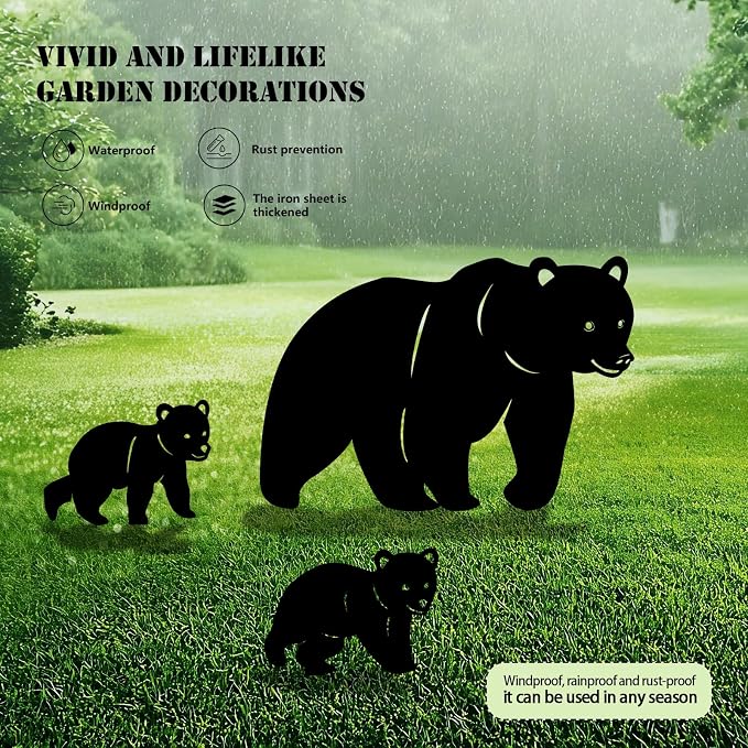 3 Pack Bear Metal Garden Decorative Stakes, Weather Proof Silhouette Statues - Image 3