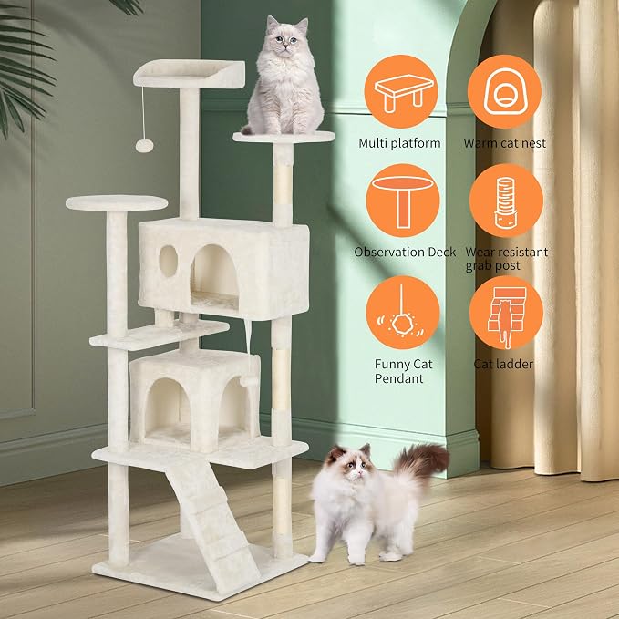 BestPet | 62" Cat Tree Tower | Beige | Sturdy, Hanging Cat Toys, Observation - Image 5