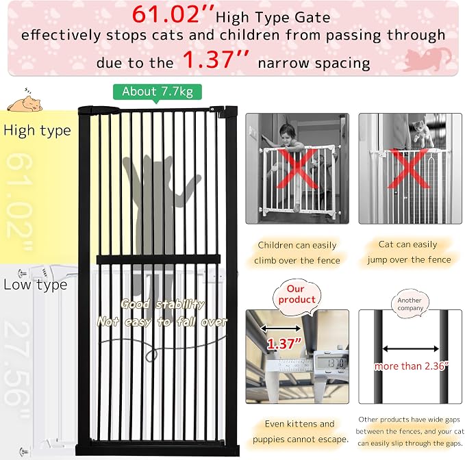 Lumizone Extra Tall Cat Gate 61.02" High Pressure Mounted Extra Wide - Image 4