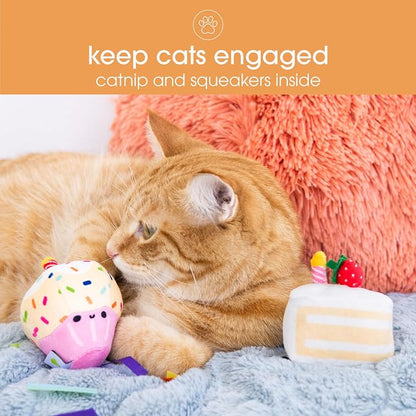 Pearhead Happy Birthday Cake Cat Toy Set, Stuffed Birthday Cake and Cupcake Cat - Image 3
