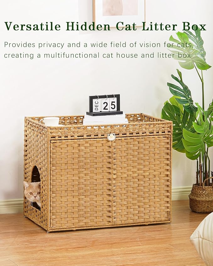 Cat Litter Box Enclosure Furniture, Handwoven Rattan Hidden Litter Box - Image 7